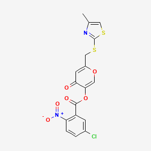 molecular formula C17H11ClN2O6S2 B2366673 6-(((4-methylthiazol-2-yl)thio)methyl)-4-oxo-4H-pyran-3-yl 5-chloro-2-nitrobenzoate CAS No. 896304-88-4