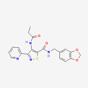 molecular formula C20H18N4O4S B2366882 N-(benzo[d][1,3]dioxol-5-ylmethyl)-4-propionamido-3-(pyridin-2-yl)isothiazole-5-carboxamide CAS No. 1251633-57-4