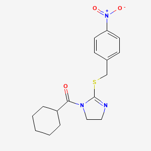 molecular formula C17H21N3O3S B2367078 cyclohexyl(2-((4-nitrobenzyl)thio)-4,5-dihydro-1H-imidazol-1-yl)methanone CAS No. 851802-09-0
