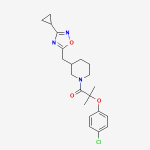 molecular formula C21H26ClN3O3 B2367083 2-(4-Chlorophenoxy)-1-(3-((3-cyclopropyl-1,2,4-oxadiazol-5-yl)methyl)piperidin-1-yl)-2-methylpropan-1-one CAS No. 1705466-70-1