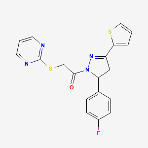 molecular formula C19H15FN4OS2 B2367095 1-(5-(4-fluorophenyl)-3-(thiophen-2-yl)-4,5-dihydro-1H-pyrazol-1-yl)-2-(pyrimidin-2-ylthio)ethanone CAS No. 403843-00-5
