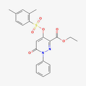 molecular formula C21H20N2O6S B2367266 Ethyl 4-(((2,4-dimethylphenyl)sulfonyl)oxy)-6-oxo-1-phenyl-1,6-dihydropyridazine-3-carboxylate CAS No. 886951-04-8