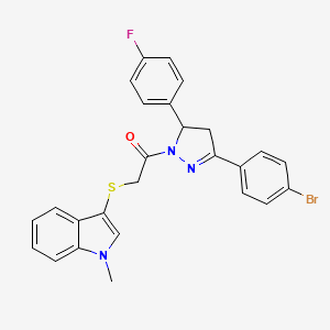 molecular formula C26H21BrFN3OS B2367348 1-(3-(4-bromophenyl)-5-(4-fluorophenyl)-4,5-dihydro-1H-pyrazol-1-yl)-2-((1-methyl-1H-indol-3-yl)thio)ethanone CAS No. 681280-11-5