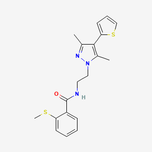 molecular formula C19H21N3OS2 B2367400 N-(2-(3,5-dimethyl-4-(thiophen-2-yl)-1H-pyrazol-1-yl)ethyl)-2-(methylthio)benzamide CAS No. 2034355-45-6