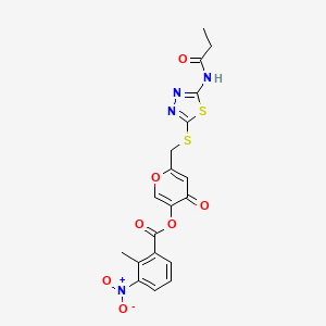 4-oxo-6-(((5-propionamido-1,3,4-thiadiazol-2-yl)thio)methyl)-4H-pyran-3-yl 2-methyl-3-nitrobenzoate
