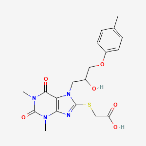molecular formula C19H22N4O6S B2367626 2-((7-(2-hydroxy-3-(p-tolyloxy)propyl)-1,3-dimethyl-2,6-dioxo-2,3,6,7-tetrahydro-1H-purin-8-yl)thio)acetic acid CAS No. 941874-40-4