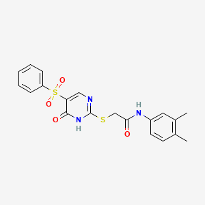 molecular formula C20H19N3O4S2 B2367875 2-[[5-(benzenesulfonyl)-6-oxo-1H-pyrimidin-2-yl]sulfanyl]-N-(3,4-dimethylphenyl)acetamide CAS No. 866812-45-5