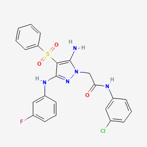 molecular formula C23H19ClFN5O3S B2368153 2-(5-amino-3-((3-fluorophenyl)amino)-4-(phenylsulfonyl)-1H-pyrazol-1-yl)-N-(3-chlorophenyl)acetamide CAS No. 1019099-12-7