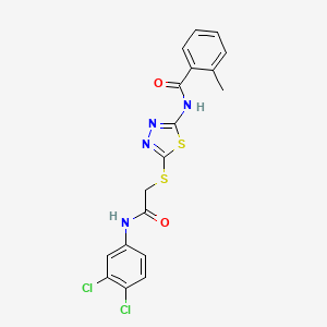 molecular formula C18H14Cl2N4O2S2 B2368169 N-(5-((2-((3,4-dichlorophenyl)amino)-2-oxoethyl)thio)-1,3,4-thiadiazol-2-yl)-2-methylbenzamide CAS No. 896020-92-1