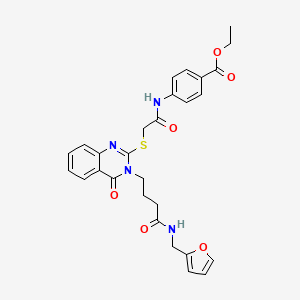 molecular formula C28H28N4O6S B2368239 ethyl 4-(2-{[3-(3-{[(furan-2-yl)methyl]carbamoyl}propyl)-4-oxo-3,4-dihydroquinazolin-2-yl]sulfanyl}acetamido)benzoate CAS No. 451465-34-2