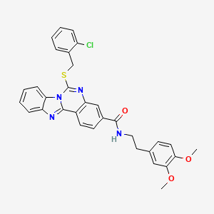 molecular formula C32H27ClN4O3S B2368328 9-{[(2-chlorophenyl)methyl]sulfanyl}-N-[2-(3,4-dimethoxyphenyl)ethyl]-8,10,17-triazatetracyclo[8.7.0.0^{2,7}.0^{11,16}]heptadeca-1(17),2,4,6,8,11(16),12,14-octaene-5-carboxamide CAS No. 443671-02-1