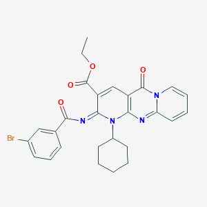 molecular formula C27H25BrN4O4 B2368354 ethyl 6-(3-bromobenzoyl)imino-7-cyclohexyl-2-oxo-1,7,9-triazatricyclo[8.4.0.03,8]tetradeca-3(8),4,9,11,13-pentaene-5-carboxylate CAS No. 534579-23-2