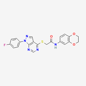 molecular formula C21H16FN5O3S B2368356 N-(2,3-dihydrobenzo[b][1,4]dioxin-6-yl)-2-((1-(4-fluorophenyl)-1H-pyrazolo[3,4-d]pyrimidin-4-yl)thio)acetamide CAS No. 872856-74-1