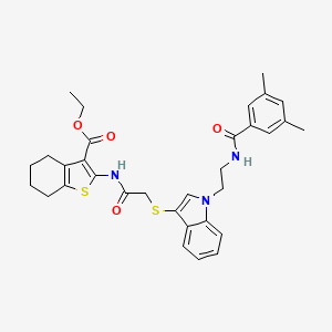 molecular formula C32H35N3O4S2 B2368651 ethyl 2-{2-[(1-{2-[(3,5-dimethylphenyl)formamido]ethyl}-1H-indol-3-yl)sulfanyl]acetamido}-4,5,6,7-tetrahydro-1-benzothiophene-3-carboxylate CAS No. 532974-52-0