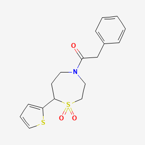 molecular formula C17H19NO3S2 B2368656 1-(1,1-Dioxido-7-(thiophen-2-yl)-1,4-thiazepan-4-yl)-2-phenylethanone CAS No. 2034514-04-8
