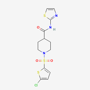 molecular formula C13H14ClN3O3S3 B2368726 1-((5-chlorothiophen-2-yl)sulfonyl)-N-(thiazol-2-yl)piperidine-4-carboxamide CAS No. 900001-52-7