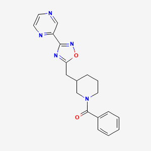molecular formula C19H19N5O2 B2368751 Phenyl(3-((3-(pyrazin-2-yl)-1,2,4-oxadiazol-5-yl)methyl)piperidin-1-yl)methanone CAS No. 1706319-85-8
