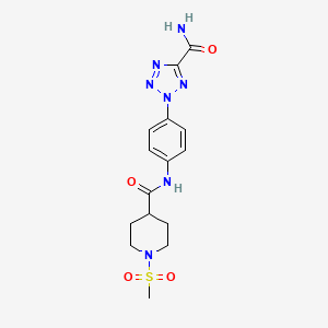 molecular formula C15H19N7O4S B2368755 N-(4-(5-carbamoyl-2H-tetrazol-2-yl)phenyl)-1-(methylsulfonyl)piperidine-4-carboxamide CAS No. 1421584-19-1