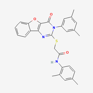 molecular formula C28H25N3O3S B2368768 N-(2,4-dimethylphenyl)-2-{[5-(3,5-dimethylphenyl)-6-oxo-8-oxa-3,5-diazatricyclo[7.4.0.0^{2,7}]trideca-1(9),2(7),3,10,12-pentaen-4-yl]sulfanyl}acetamide CAS No. 872208-29-2