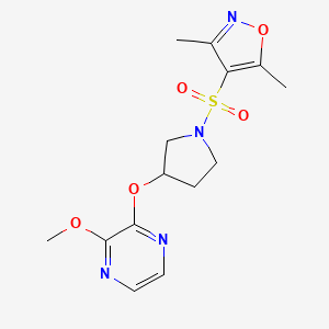 molecular formula C14H18N4O5S B2368810 4-((3-((3-Methoxypyrazin-2-yl)oxy)pyrrolidin-1-yl)sulfonyl)-3,5-dimethylisoxazole CAS No. 2034285-21-5