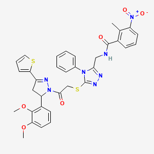molecular formula C34H31N7O6S2 B2369115 N-{[5-({2-[5-(2,3-DIMETHOXYPHENYL)-3-(THIOPHEN-2-YL)-4,5-DIHYDRO-1H-PYRAZOL-1-YL]-2-OXOETHYL}SULFANYL)-4-PHENYL-4H-1,2,4-TRIAZOL-3-YL]METHYL}-2-METHYL-3-NITROBENZAMIDE CAS No. 362504-94-7