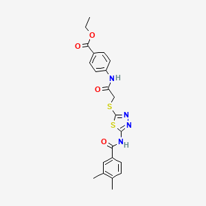 molecular formula C22H22N4O4S2 B2369276 Ethyl 4-(2-((5-(3,4-dimethylbenzamido)-1,3,4-thiadiazol-2-yl)thio)acetamido)benzoate CAS No. 392293-30-0