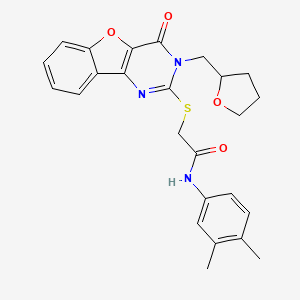 molecular formula C25H25N3O4S B2369379 N-(3,4-dimethylphenyl)-2-((4-oxo-3-((tetrahydrofuran-2-yl)methyl)-3,4-dihydrobenzofuro[3,2-d]pyrimidin-2-yl)thio)acetamide CAS No. 899941-95-8