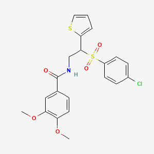 molecular formula C21H20ClNO5S2 B2369565 N-(2-((4-chlorophenyl)sulfonyl)-2-(thiophen-2-yl)ethyl)-3,4-dimethoxybenzamide CAS No. 896324-66-6