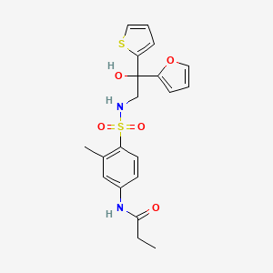 molecular formula C20H22N2O5S2 B2369568 N-(4-(N-(2-(furan-2-yl)-2-hydroxy-2-(thiophen-2-yl)ethyl)sulfamoyl)-3-methylphenyl)propionamide CAS No. 2034399-85-2
