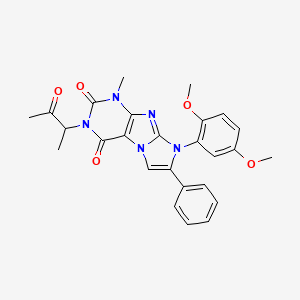 molecular formula C26H25N5O5 B2369573 8-(2,5-Dimethoxyphenyl)-1-methyl-3-(1-methyl-2-oxopropyl)-7-phenyl-1,3,5-trihy dro-4-imidazolino[1,2-h]purine-2,4-dione CAS No. 886901-63-9