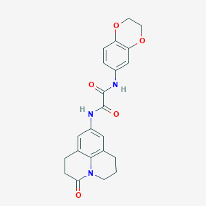 molecular formula C22H21N3O5 B2369616 N1-(2,3-dihydrobenzo[b][1,4]dioxin-6-yl)-N2-(3-oxo-1,2,3,5,6,7-hexahydropyrido[3,2,1-ij]quinolin-9-yl)oxalamide CAS No. 898438-43-2