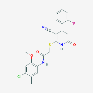 molecular formula C22H19ClFN3O3S B2369664 N-(4-chloro-2-methoxy-5-methylphenyl)-2-{[3-cyano-4-(2-fluorophenyl)-6-oxo-1,4,5,6-tetrahydropyridin-2-yl]sulfanyl}acetamide CAS No. 692776-10-6