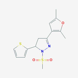 molecular formula C14H16N2O3S2 B2369727 3-(2,5-二甲基呋喃-3-基)-1-甲磺酰基-5-(噻吩-2-基)-4,5-二氢-1H-吡唑 CAS No. 1241438-52-7