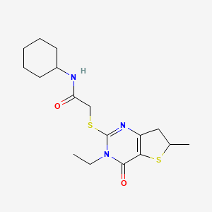 molecular formula C17H25N3O2S2 B2369765 N-cyclohexyl-2-({3-ethyl-6-methyl-4-oxo-3H,4H,6H,7H-thieno[3,2-d]pyrimidin-2-yl}sulfanyl)acetamide CAS No. 851409-44-4