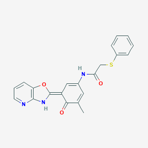 molecular formula C21H17N3O3S B237005 N-[(3E)-5-methyl-3-(3H-[1,3]oxazolo[4,5-b]pyridin-2-ylidene)-4-oxocyclohexa-1,5-dien-1-yl]-2-phenylsulfanylacetamide 