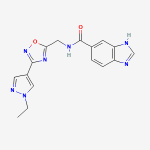molecular formula C16H15N7O2 B2370085 N-((3-(1-ethyl-1H-pyrazol-4-yl)-1,2,4-oxadiazol-5-yl)methyl)-1H-benzo[d]imidazole-5-carboxamide CAS No. 2034462-75-2