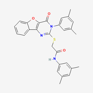 molecular formula C28H25N3O3S B2370333 N-(3,5-dimethylphenyl)-2-{[5-(3,5-dimethylphenyl)-6-oxo-8-oxa-3,5-diazatricyclo[7.4.0.0^{2,7}]trideca-1(9),2(7),3,10,12-pentaen-4-yl]sulfanyl}acetamide CAS No. 872208-28-1