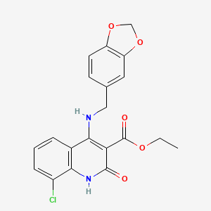 molecular formula C20H17ClN2O5 B2370575 Ethyl 4-((benzo[d][1,3]dioxol-5-ylmethyl)amino)-8-chloro-2-oxo-1,2-dihydroquinoline-3-carboxylate CAS No. 1251602-13-7