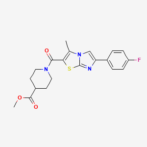 molecular formula C20H20FN3O3S B2370763 Methyl 1-[6-(4-fluorophenyl)-3-methylimidazo[2,1-b][1,3]thiazole-2-carbonyl]piperidine-4-carboxylate CAS No. 852133-81-4