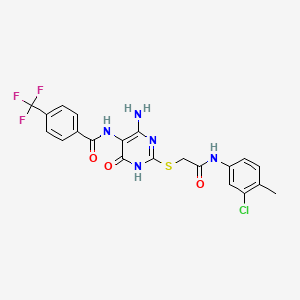 molecular formula C21H17ClF3N5O3S B2370790 N-(4-amino-2-((2-((3-chloro-4-methylphenyl)amino)-2-oxoethyl)thio)-6-oxo-1,6-dihydropyrimidin-5-yl)-4-(trifluoromethyl)benzamide CAS No. 888442-36-2