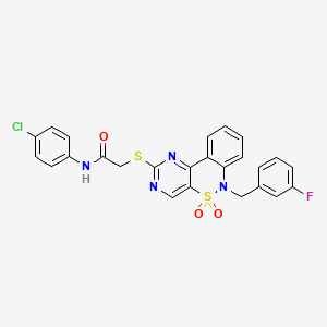 molecular formula C25H18ClFN4O3S2 B2370816 N-(4-chlorophenyl)-2-({9-[(3-fluorophenyl)methyl]-8,8-dioxo-8lambda6-thia-3,5,9-triazatricyclo[8.4.0.0^{2,7}]tetradeca-1(14),2(7),3,5,10,12-hexaen-4-yl}sulfanyl)acetamide CAS No. 895099-22-6