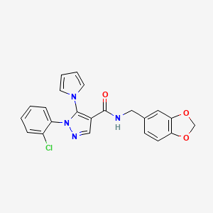 molecular formula C22H17ClN4O3 B2370891 N-(benzo[d][1,3]dioxol-5-ylmethyl)-1-(2-chlorophenyl)-5-(1H-pyrrol-1-yl)-1H-pyrazole-4-carboxamide CAS No. 1207041-25-5