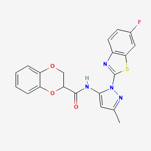molecular formula C20H15FN4O3S B2370996 N-(1-(6-fluorobenzo[d]thiazol-2-yl)-3-methyl-1H-pyrazol-5-yl)-2,3-dihydrobenzo[b][1,4]dioxine-2-carboxamide CAS No. 1171640-30-4