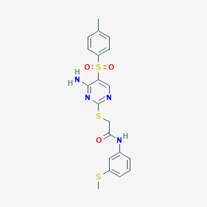 molecular formula C20H20N4O3S3 B2371074 2-((4-amino-5-tosylpyrimidin-2-yl)thio)-N-(3-(methylthio)phenyl)acetamide CAS No. 894953-18-5