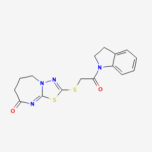 molecular formula C16H16N4O2S2 B2371105 2-((2-(indolin-1-yl)-2-oxoethyl)thio)-6,7-dihydro-[1,3,4]thiadiazolo[3,2-a][1,3]diazepin-8(5H)-one CAS No. 450346-80-2