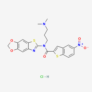 molecular formula C22H21ClN4O5S2 B2371167 N-[3-(dimethylamino)propyl]-N-([1,3]dioxolo[4,5-f][1,3]benzothiazol-6-yl)-5-nitro-1-benzothiophene-2-carboxamide;hydrochloride CAS No. 1321664-93-0