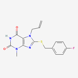 molecular formula C16H15FN4O2S B2371201 8-[(4-Fluorophenyl)methylsulfanyl]-3-methyl-7-prop-2-enylpurine-2,6-dione CAS No. 378200-42-1