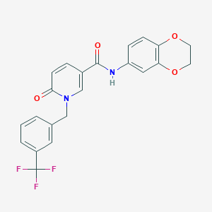 molecular formula C22H17F3N2O4 B2371205 N-(2,3-DIHYDRO-1,4-BENZODIOXIN-6-YL)-6-OXO-1-{[3-(TRIFLUOROMETHYL)PHENYL]METHYL}-1,6-DIHYDROPYRIDINE-3-CARBOXAMIDE CAS No. 1005305-90-7