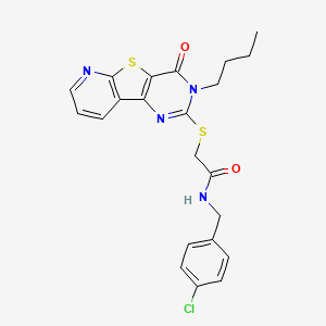 molecular formula C22H21ClN4O2S2 B2371629 2-[(5-butyl-6-oxo-8-thia-3,5,10-triazatricyclo[7.4.0.02,7]trideca-1(9),2(7),3,10,12-pentaen-4-yl)sulfanyl]-N-[(4-chlorophenyl)methyl]acetamide CAS No. 1251671-16-5