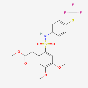 molecular formula C18H18F3NO6S2 B2371643 Methyl 2-[4,5-dimethoxy-2-[[4-(trifluoromethylsulfanyl)phenyl]sulfamoyl]phenyl]acetate CAS No. 886498-92-6